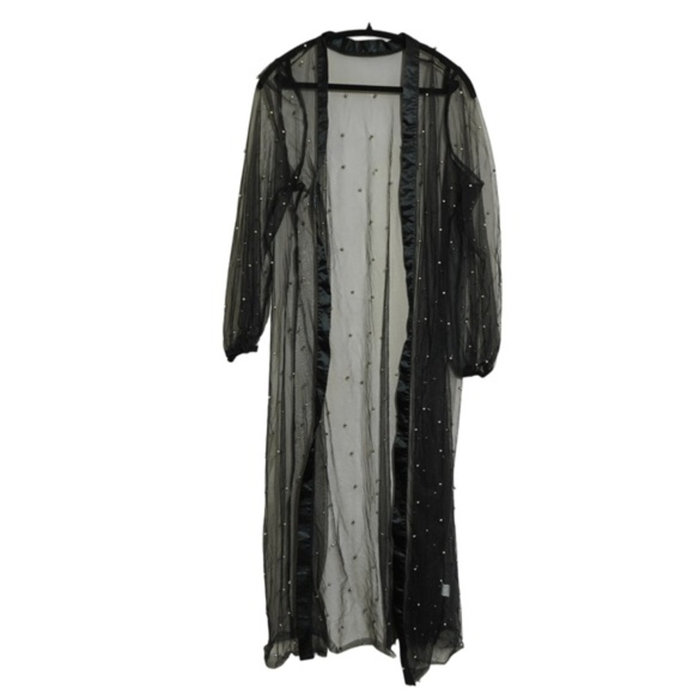 Whimsigoth Black Sheer Duster Overlay Mesh Pearl Maxi Open Front Satin‎ Trim